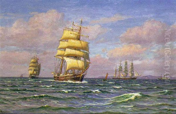 Marine Med Sejlskibe I Sundet Oil Painting by Vilhelm Karl Ferdinand Arnesen