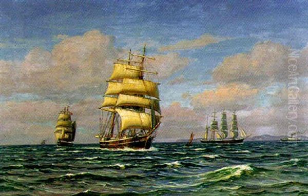 Marine Med Flere Sejlskibe Oil Painting by Vilhelm Karl Ferdinand Arnesen