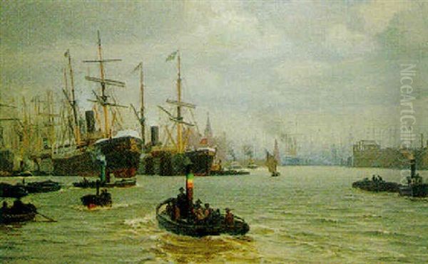 Fartyg I Hamburgs Hamn Oil Painting by Vilhelm Karl Ferdinand Arnesen