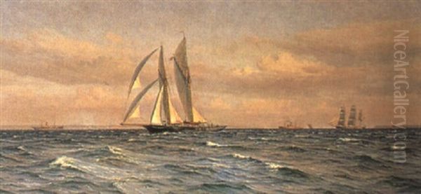 Marine Med Sejl- Og Motorskibe Oil Painting by Vilhelm Karl Ferdinand Arnesen