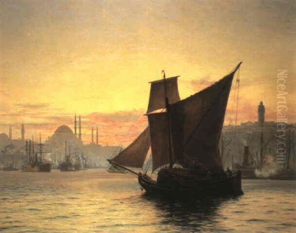 Shipping Before The Port Of Constantinople Oil Painting by Vilhelm Karl Ferdinand Arnesen