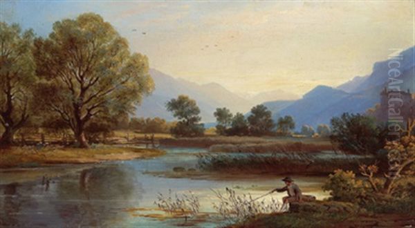 Angler Am Fluss, Im Hintergrund Schloss Tratzberg B. Schwaz Im Inntal Oil Painting by Josef Arnold the Elder