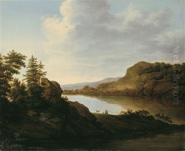 Flusslandschaft Mit Angler Oil Painting by Carl Heinrich Arnold