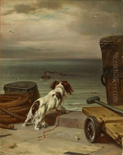 Ein Spaniel An Der Mole Blickt Sehnsuchtig Nach Einem Abfahrendem Schiff Oil Painting by Carl Johann Arnold