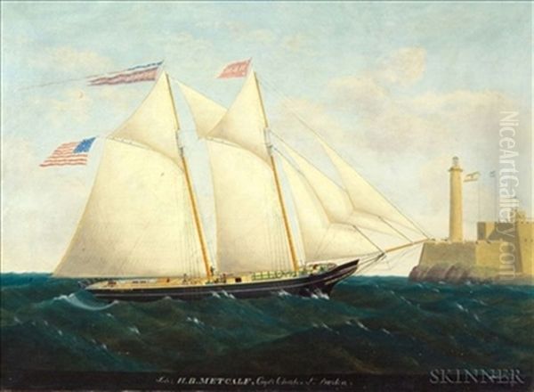 The Schooner "h.b. Metcalf" Off Havana With Fort La Cabana In The Distance Oil Painting by Edward Arnold