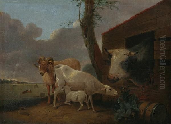 Sheep And Bullock On A Riverbank Oil Painting by Johann Adam Ackermann