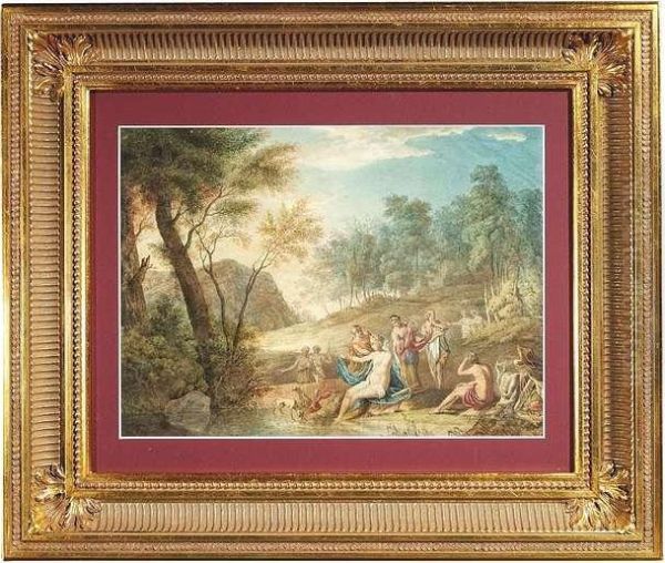 The Bath Of Diana. Pen And Watercolour On Paper, Heightened White, Mounted On Another Sheet Of Paper, Signed, Inscribed And Dated Oil Painting by Johann Adam Ackermann