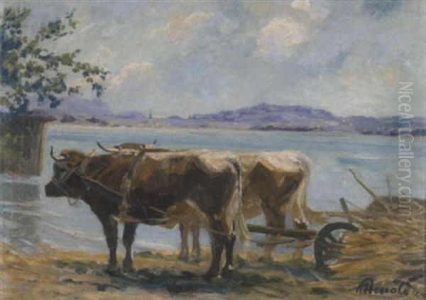 Chiemsee-landschaft Mit Einem Ochsenkarren Im Vordergrund Oil Painting by Karl August Arnold