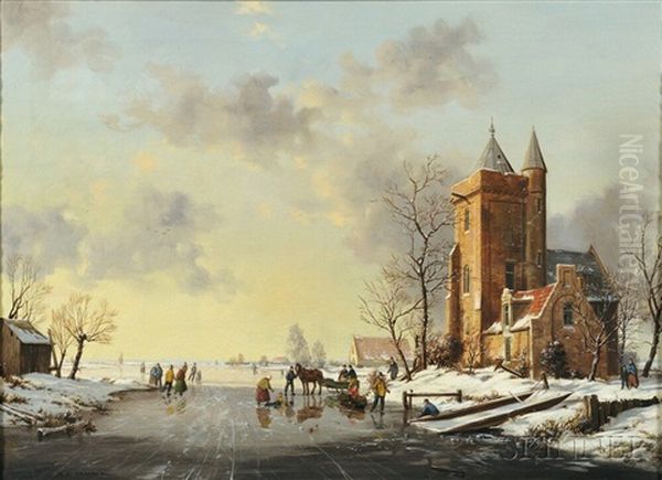 Animated Winter View With Skaters Oil Painting by Reginald Ernest Arnold