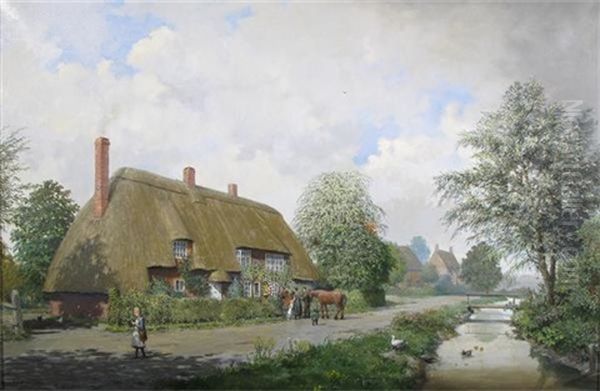 Rockbourne, Cottages By The River Oil Painting by Reginald Ernest Arnold