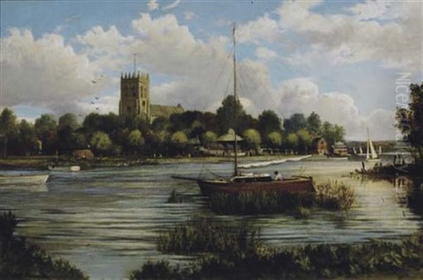 Sunday Sailing By A Village Oil Painting by Reginald Ernest Arnold