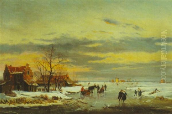 Skaters On Frozen River Oil Painting by Reginald Ernest Arnold