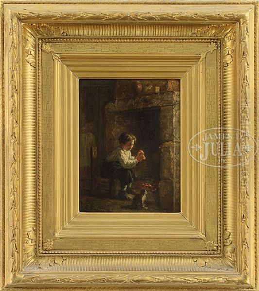 Two Works: Boy With Kitten By The Fire And Boy Practicing Horn Oil Painting by Michael Arnoux