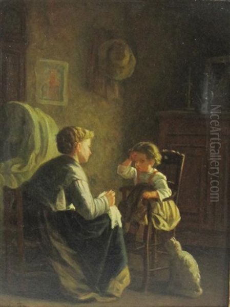 A Mother And Child In An Interior Oil Painting by Michel Arnoux