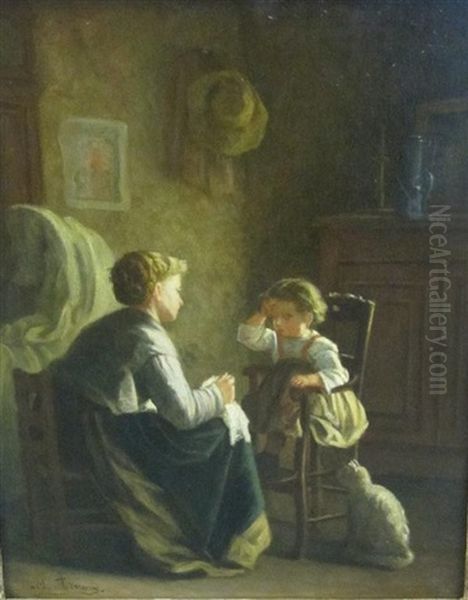 A Mother And Child In An Interior Oil Painting by Michel Arnoux