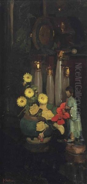 A Still Life With An East Indian Cress In A Ginger Jar And A Japanese Statue Oil Painting by Floris Arntzenius