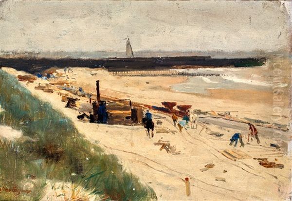 Werkzaamheden Aan De Scheveningse Kust Bij De Binnenhaven Oil Painting by Floris Arntzenius