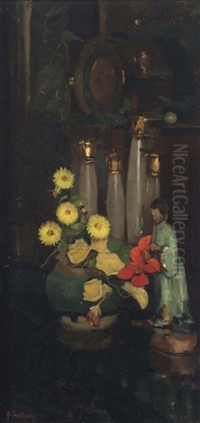 A Still Life With An East Indian Cress In A Ginger Jar And A Japanese Statue Oil Painting by Floris Arntzenius