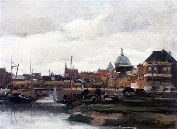 Nettenboetsers Bij Brug Aan De Haringkade Te Scheveningen, Op De Achtergrond Seinpost by Floris Arntzenius