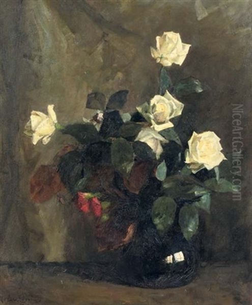 White Roses In A Black Vase Oil Painting by Floris Arntzenius