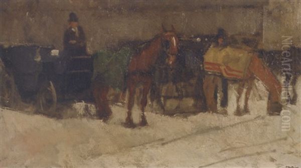 Huurrjtuigen In De Sneeuw: Horses And Carriages In The Snow Oil Painting by Floris Arntzenius