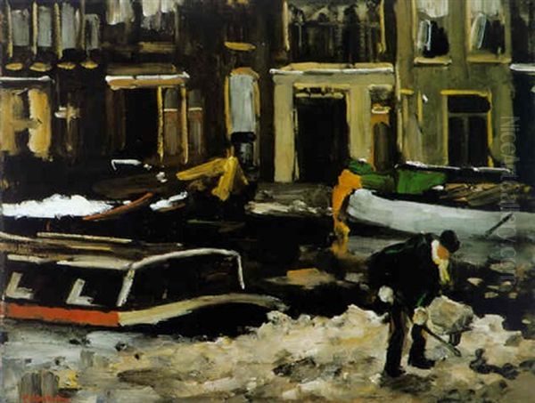 A Man Shovelling Snow By An Amsterdam Canal Oil Painting by Floris Arntzenius