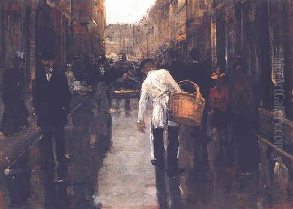 A Butcher's Boy In A Street In The Hague Oil Painting by Floris Arntzenius