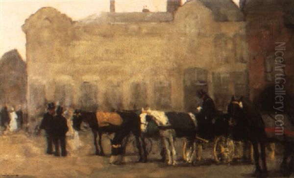 Carriages At De Plaats, The Hague, With The Societeit Place Royale Oil Painting by Floris Arntzenius