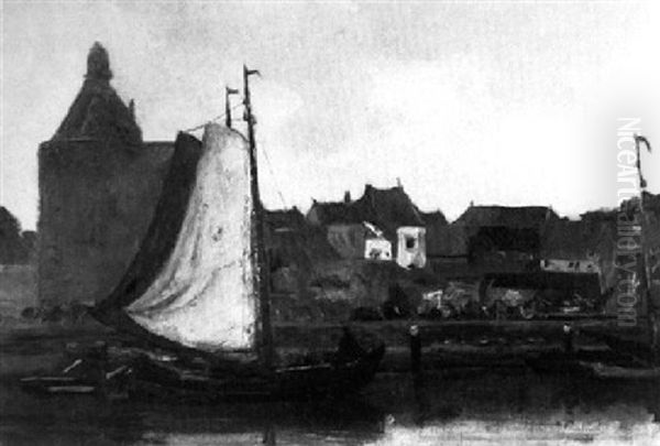 Boats Near The Dromedaris In Enkhuizen Oil Painting by Floris Arntzenius