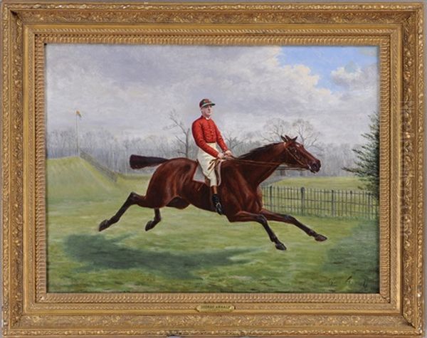 Sam Basden In Red Silks Atop A Race Horse Oil Painting by George Arnull