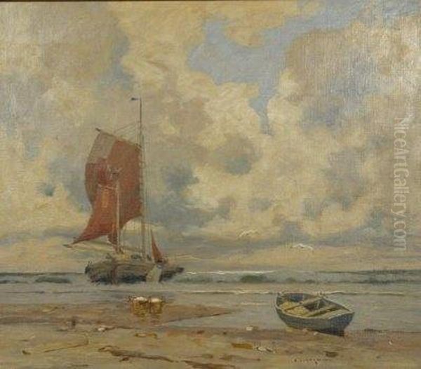 Fishermen Returning Home. Arriving Sailing Yacht In The Surf With Upcoming Rain. In The Front On The Beach A Rowing Boat. Signed Bottom Right: O. Ackermann by Otto Ackermann