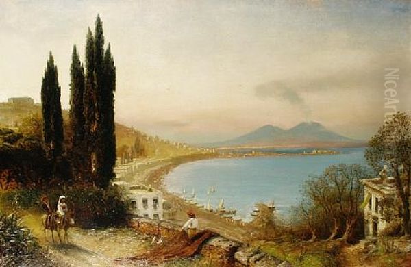 Figures On A Track With The Bay Of Naples Beyond Oil Painting by Albert Arnz