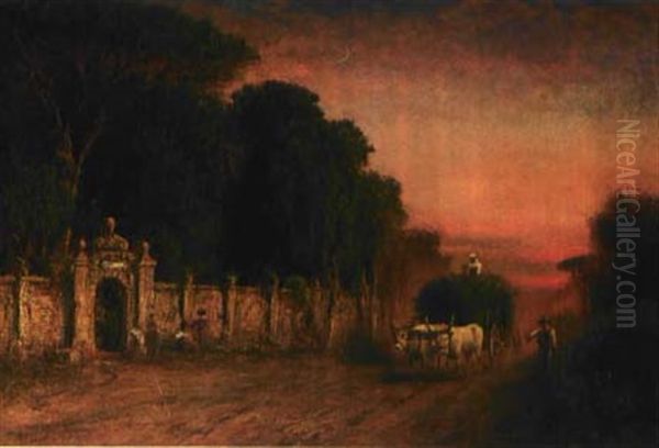 Zwei Bauern Mit Ochsenkarren Passieren Im Morgenrot Eine Alte Stadtmauer Oil Painting by Albert Arnz