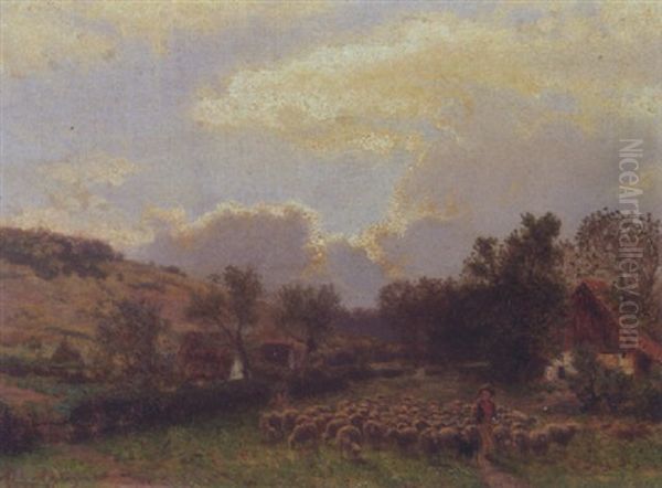 A Shepherd With His Flock Alongside A Cottage Oil Painting by Albert Arnz