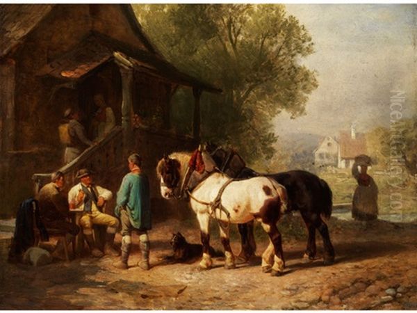 Pferdefuhrer Mit Zwei Kaltblutern Im Gesprach Mit Bauern Vor Einem Haus Mit Treppenbalkon Oil Painting by Philipp Arons