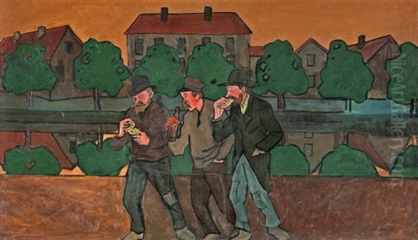 Tre Sjaare Vid Fattighusan, Goteborg (three Wharfies By Fattighusan, Gothenburg) Oil Painting by Ivar Arosenius