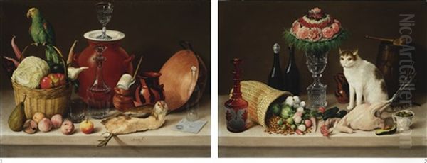 Two Still Lifes: (1) Bodegon (canasta, Perico, Cazo Y Gallina Acostada) And (2) Bodegon (gato, Florero, Licorera, Pollo Muerto Y Taza De Aceitunas) Oil Painting by Jose Agustin Arrieta