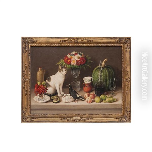 Still Life With Cat And Birds Oil Painting by Jose Agustin Arrieta