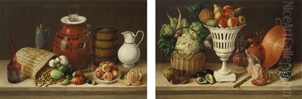 Cuadro De Comedor Con Tinaja De Barro, Barril, Maiz, Verduras Y Frutas And Cuadro De Comedor Con Florero, Pollo, Verduras, Granada Y Aguacates (2 Works) Oil Painting by Jose Agustin Arrieta