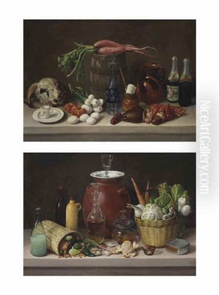 A.) Bodegon Con Cabeza De Carnero, Barril Con Rabanos, Licorera, Visceras Y Taza Con Plato; B.) Naturaleza Muerta Con Canasta (2 Works) Oil Painting by Jose Agustin Arrieta