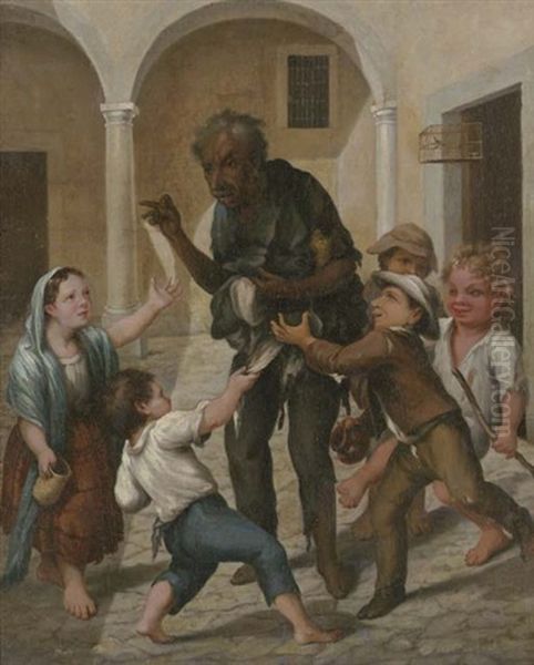 El Claco De Risa (un Hombre En Harapos Rodeado De Ninos) Oil Painting by Jose Agustin Arrieta