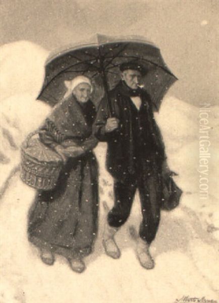 Pareja En La Nieve Oil Painting by Alberto Arrue