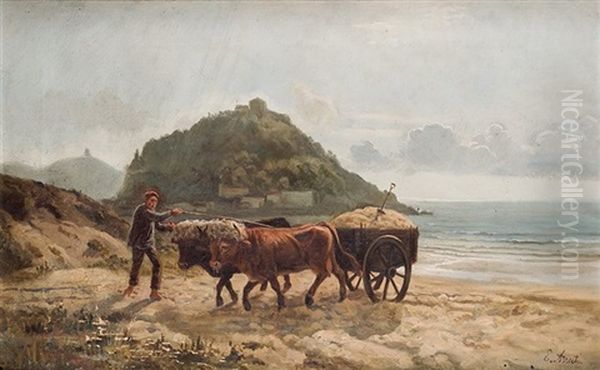 Recogiendo Arena En La Playa De Zurriola Oil Painting by Eugenio Arruti Y Gonzalez-Pola