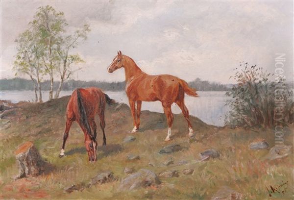 Betande Hastar Oil Painting by Johan Georg Arsenius