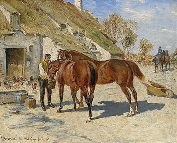 Utfodring - Hastar Vid Stallet Oil Painting by Johan Georg Arsenius