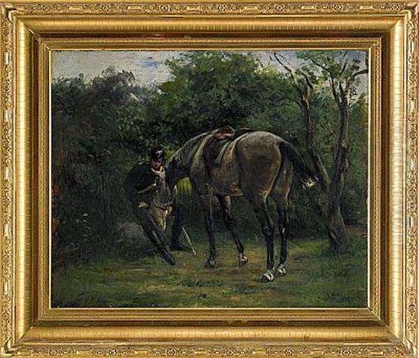 Landskap Med Kavallerist Som Utfodrar Sin Hast Oil Painting by Karl Georg Arsenius