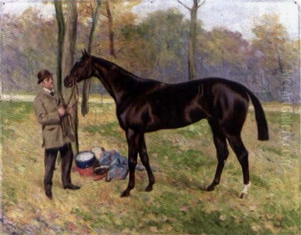 Cheval Appartenant A Edmond Blanc (casque Bleue, Toque Orange) Et Presente Par Son Lad Oil Painting by Karl Georg Arsenius