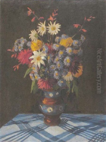 Herbstblumenstraus Auf Karierter Tischdecke Oil Painting by Karl Arste