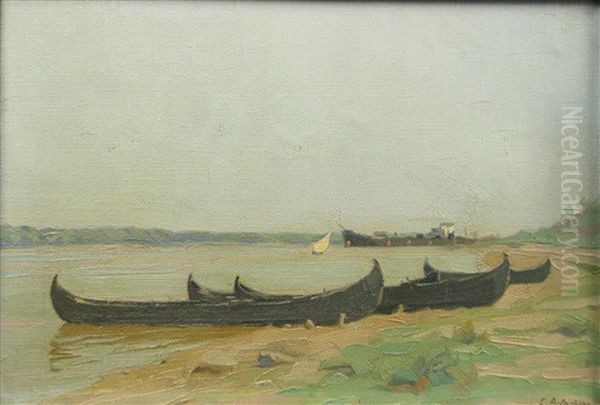 Boats At The Border Of The Danube Oil Painting by Constantin Artachino