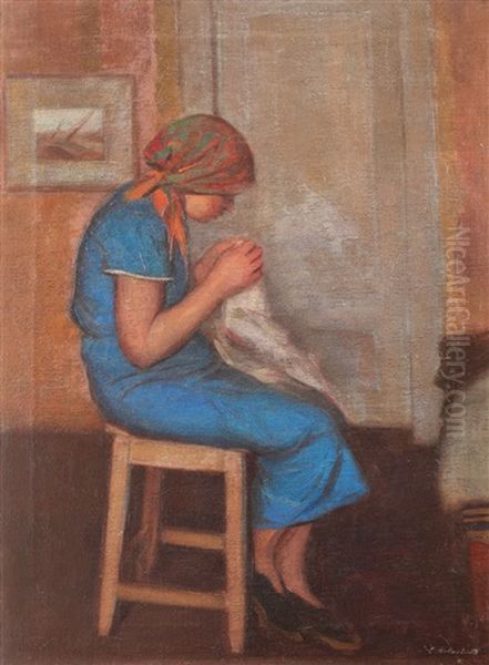 Little Girl Sewing Oil Painting by Constantin Artachino